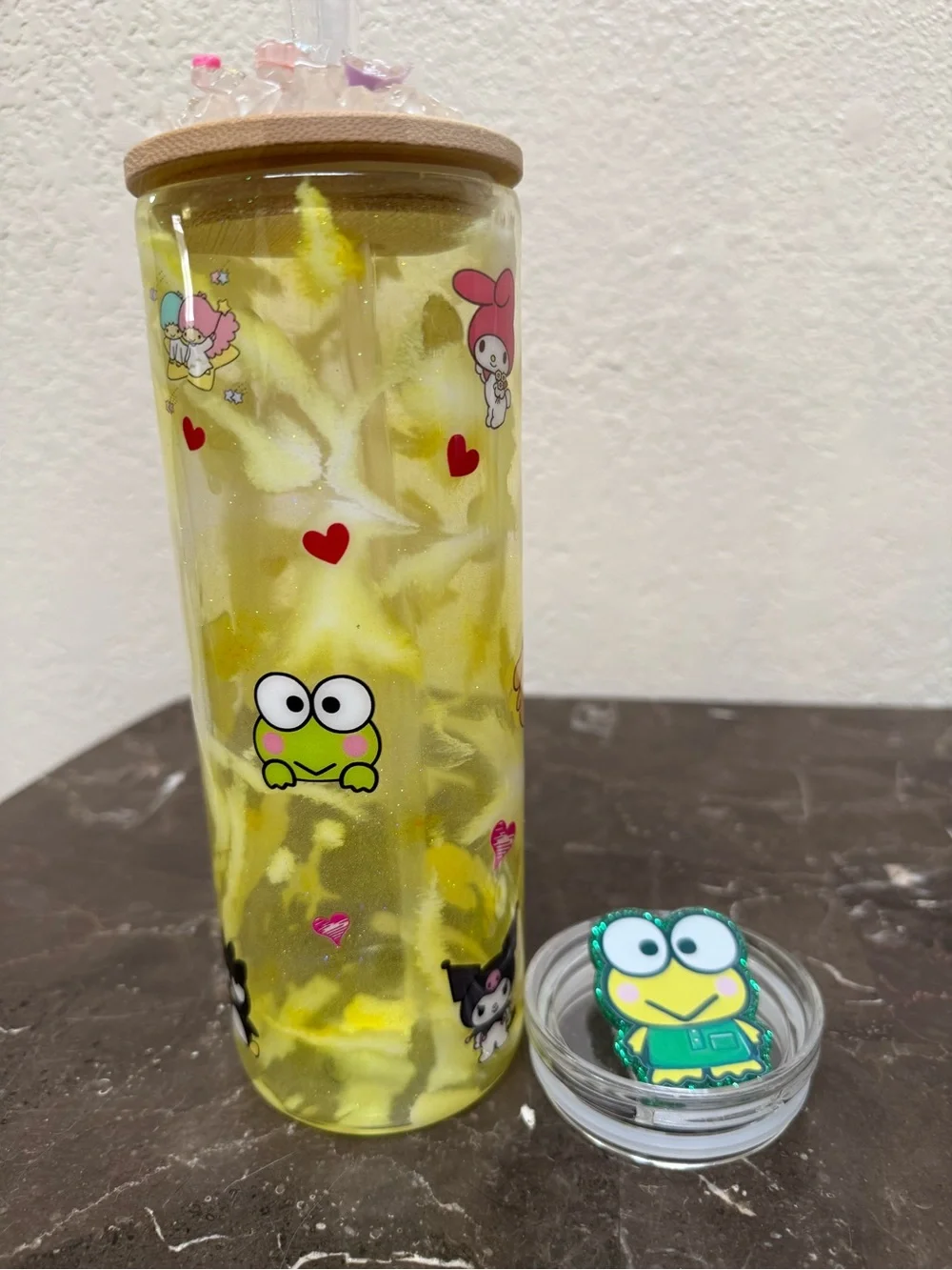 Sanrio Characters 20 oz Skinny Glass Glow Cup with Extra Lid Handmade
